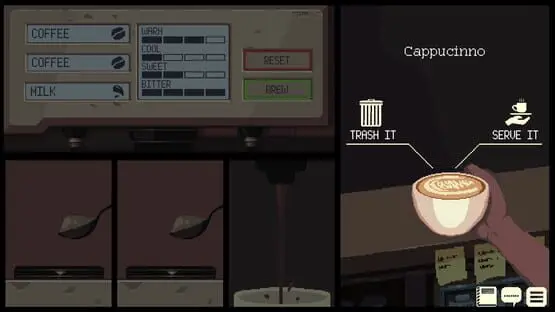 Isso contém uma imagem de jogabilidade do jogo:Captura de tela de Coffee Talk