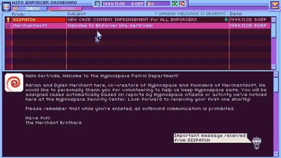 This contains a gameplay image of the game: Screenshot of Hypnospace Outlaw