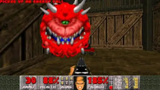 This contains a gameplay image of the game: Screenshot of Doom II: Hell on Earth