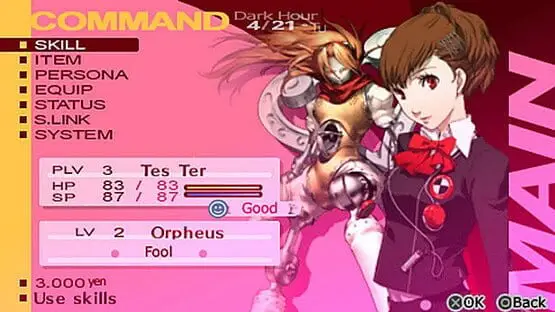 Isso contém uma imagem de jogabilidade do jogo:Captura de tela de Persona 3 Portable
