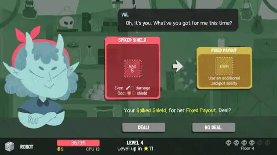 This contains a gameplay image of the game: Screenshot of Dicey Dungeons