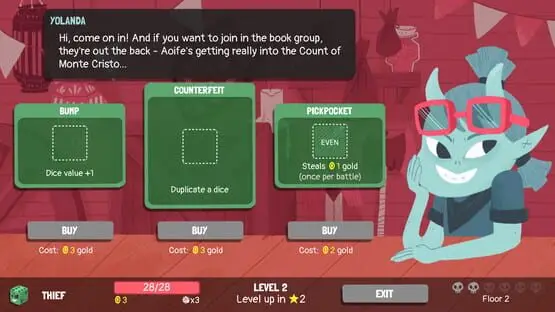 This contains a gameplay image of the game: Screenshot of Dicey Dungeons