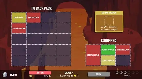 This contains a gameplay image of the game: Screenshot of Dicey Dungeons