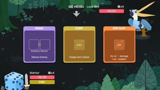 This contains a gameplay image of the game: Screenshot of Dicey Dungeons