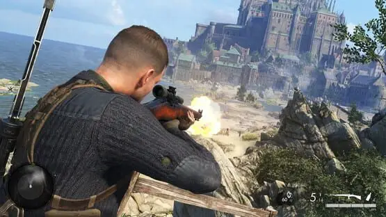 Isso contém uma imagem de jogabilidade do jogo:Captura de tela de Sniper Elite 5