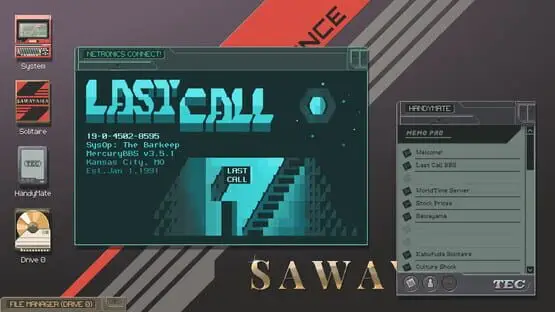 Isso contém uma imagem de jogabilidade do jogo:Captura de tela de Last Call BBS