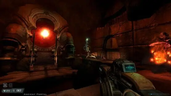 This contains a gameplay image of the game: Screenshot of Doom 3