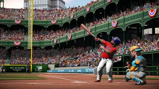 This contains a gameplay image of the game: Screenshot of 3 - Super Mega Baseball 4