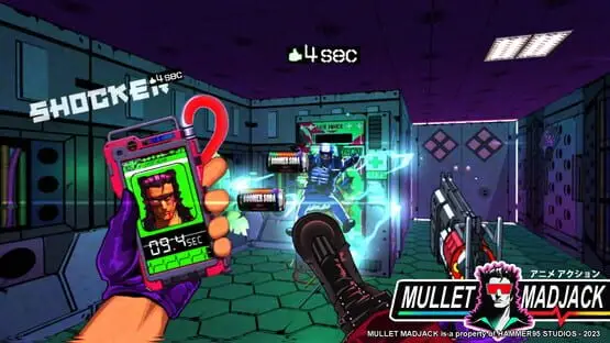 Isso contém uma imagem de jogabilidade do jogo:Captura de tela de Mullet Madjack