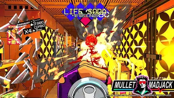 Isso contém uma imagem de jogabilidade do jogo:Captura de tela de Mullet Madjack
