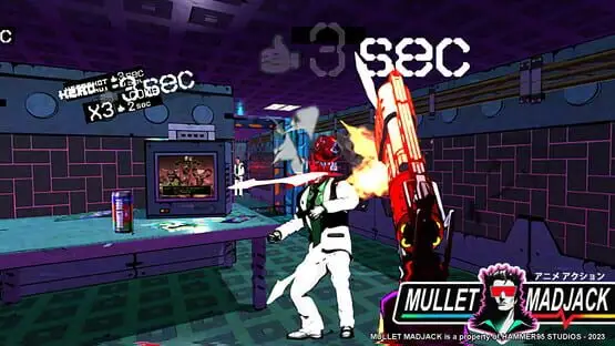 Isso contém uma imagem de jogabilidade do jogo:Captura de tela de Mullet Madjack