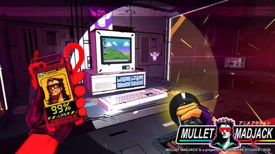 Isso contém uma imagem de jogabilidade do jogo:Captura de tela de Mullet Madjack