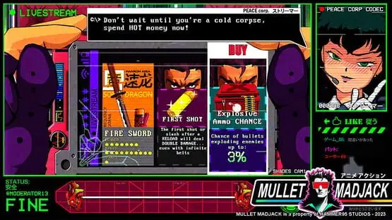 Isso contém uma imagem de jogabilidade do jogo:Captura de tela de Mullet Madjack