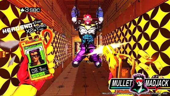 Isso contém uma imagem de jogabilidade do jogo:Captura de tela de Mullet Madjack