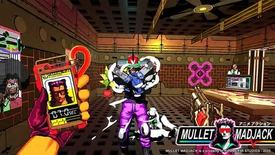 Isso contém uma imagem de jogabilidade do jogo:Captura de tela de Mullet Madjack