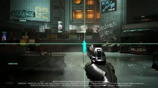 This contains a gameplay image of the game: Screenshot of RoboCop: Rogue City - Unfinished Business