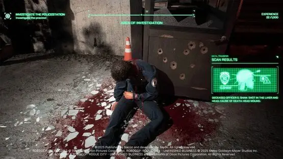This contains a gameplay image of the game: Screenshot of RoboCop: Rogue City - Unfinished Business