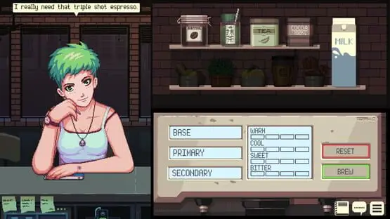 Isso contém uma imagem de jogabilidade do jogo:Captura de tela de Coffee Talk