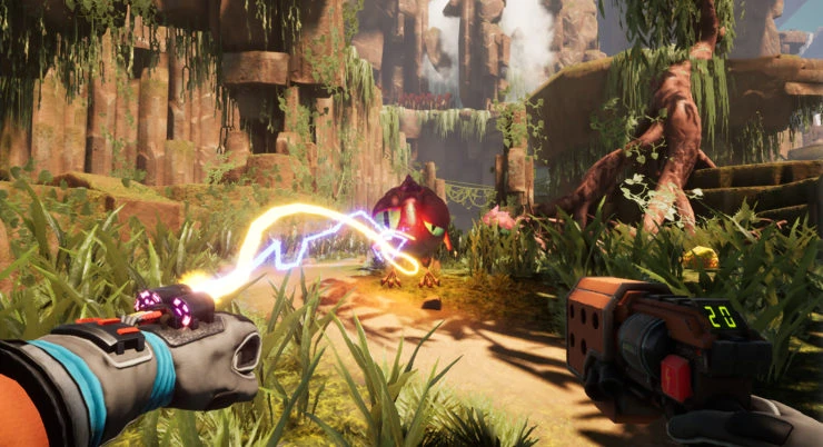 This contains a gameplay image of the game: Screenshot of Journey to the Savage Planet