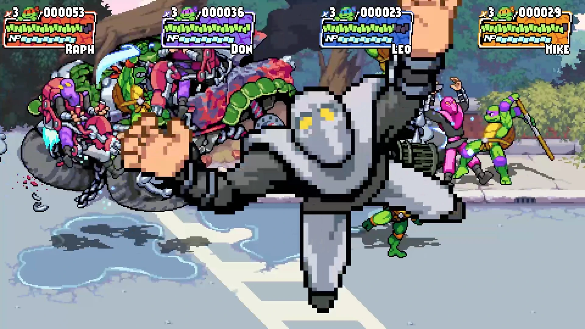 Isso contém uma imagem de jogabilidade do jogo:Captura de tela de Teenage Mutant Ninja Turtles: Shredder's Revenge