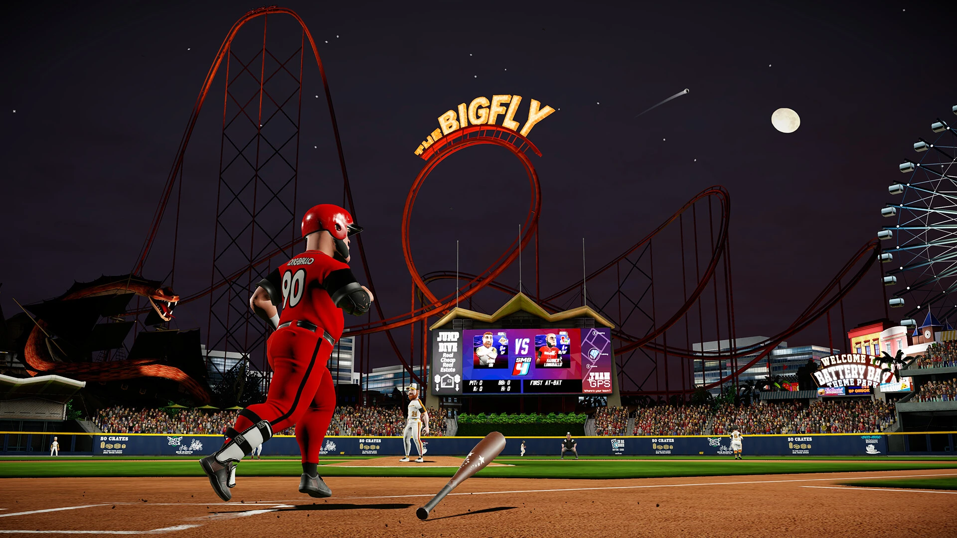 This contains a gameplay image of the game: Screenshot of Super Mega Baseball 4
