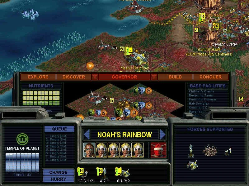 This contains a gameplay image of the game: Screenshot of Sid Meier's Alpha Centauri