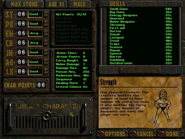 This contains a gameplay image of the game: Screenshot of Fallout: A Post Nuclear Role Playing Game